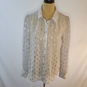 Modcloth Cream Blouse with Gold Leaf Pattern - M